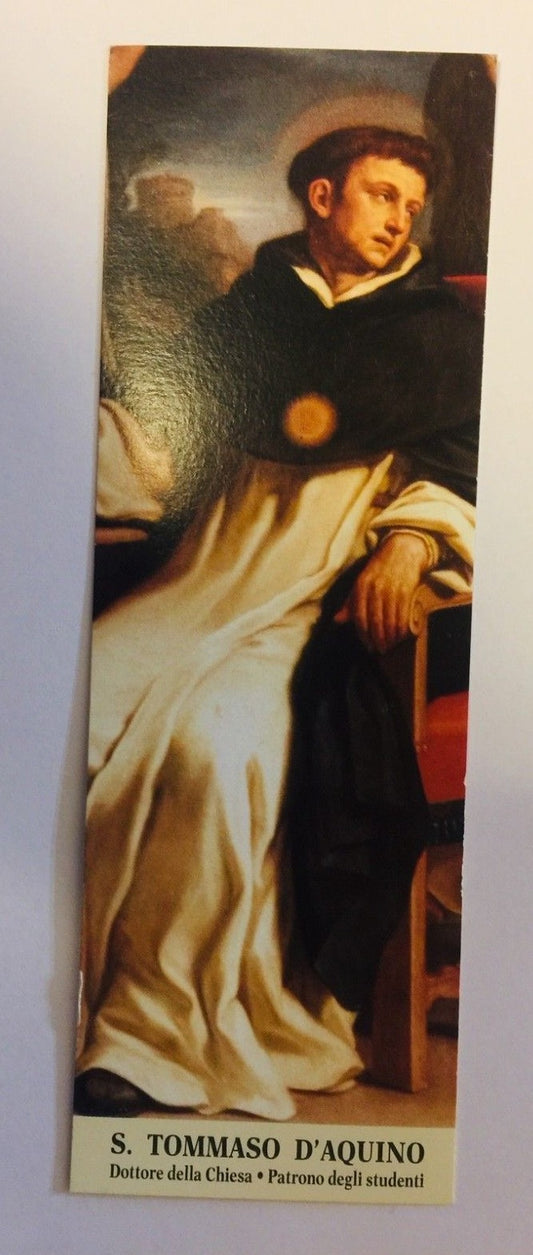 Saint Thomas Aquinas prayer bookmark featuring Italian prayer, Christian holy card from Bob and Penny Lord, with religious imagery.