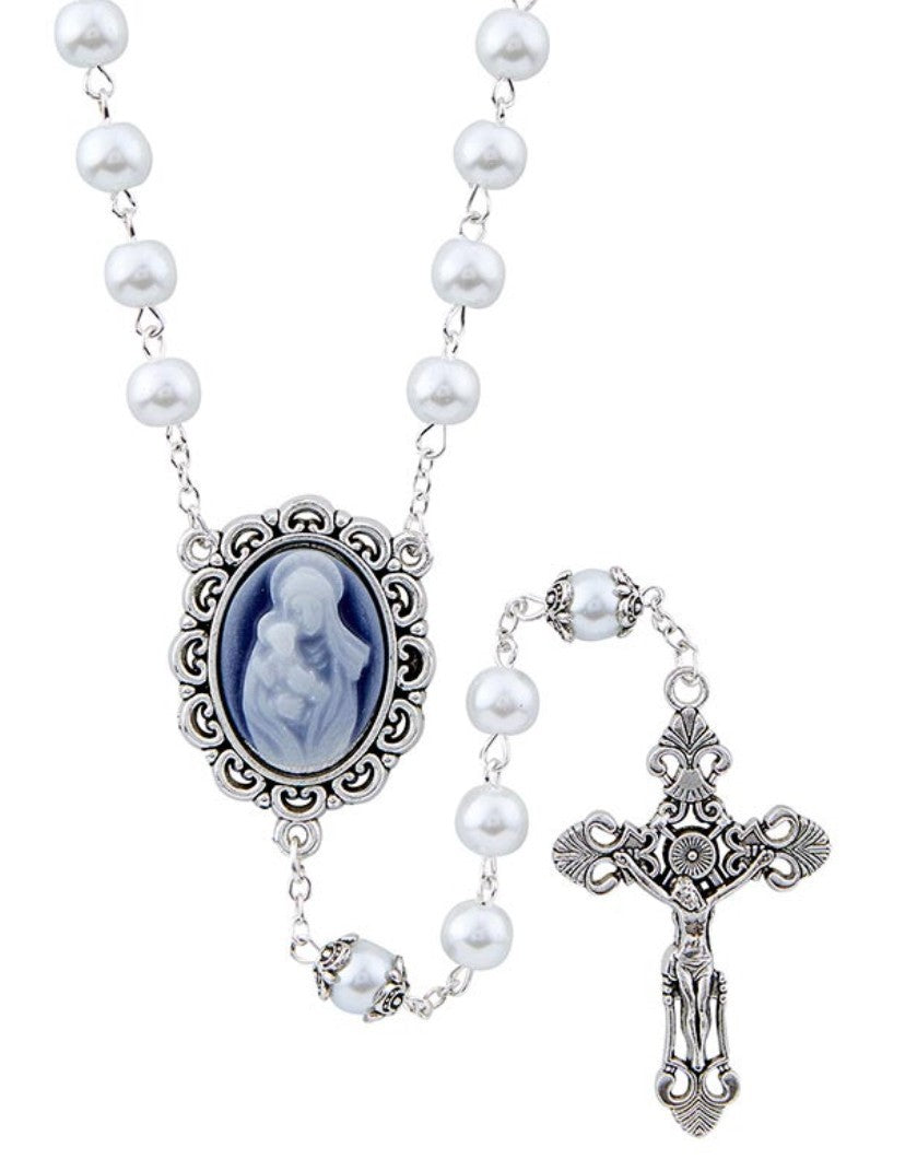 Blessed  Mother with Child White Pearl Cameo Rosary,  New Gftshp-66 - Journeys of Faith