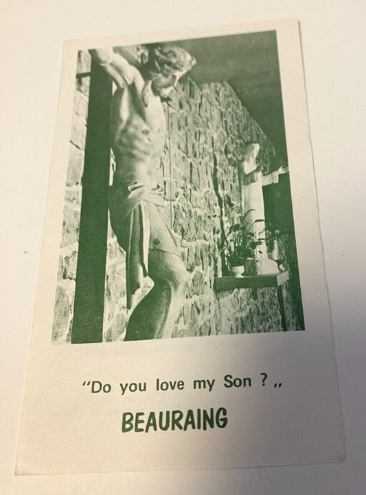 Our Lady of Beauraing prayer card featuring religious imagery from Belgium, collectible Christian holy card by Bob and Penny Lord