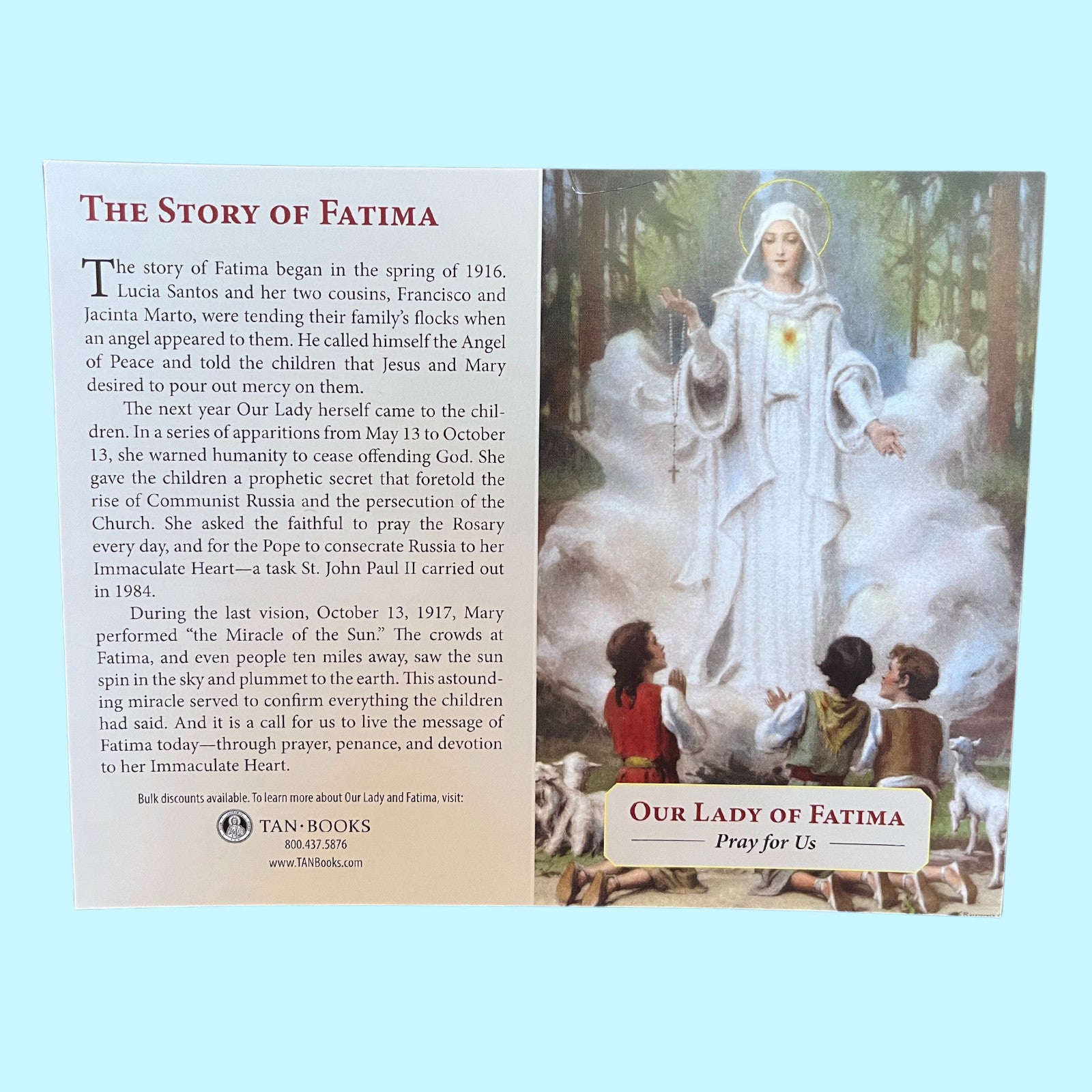 Holy card featuring Our Lady of Fatima with prayer inscriptions, collectible Christian religious card by Bob and Penny Lord Journeys of Faith