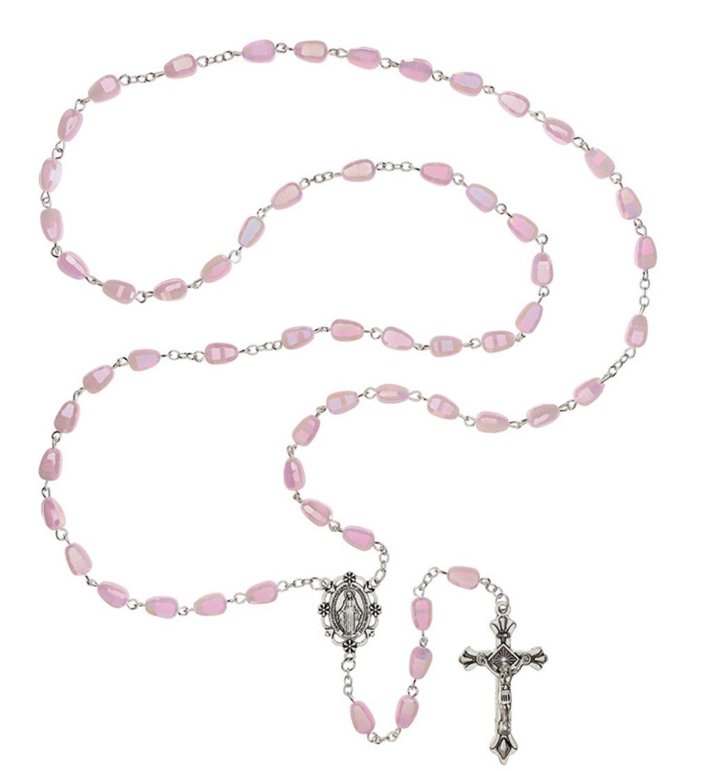 Iridescent Pink Crystal Miraculous Medal Rosary, New Gftshp-158