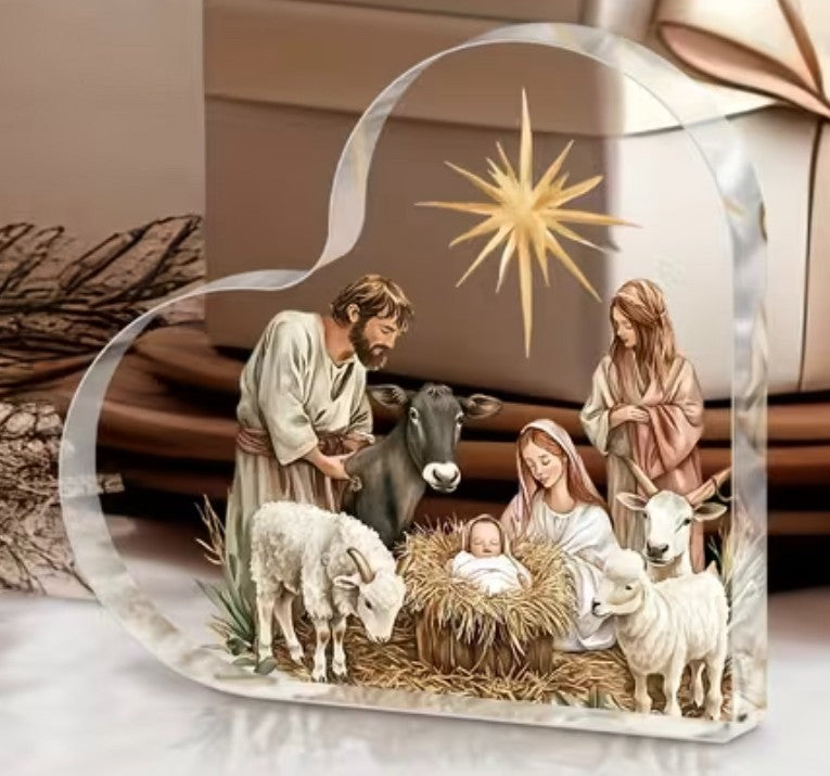 Nativity Scene Small Heart Acrylic Image, New #Gftshp-241