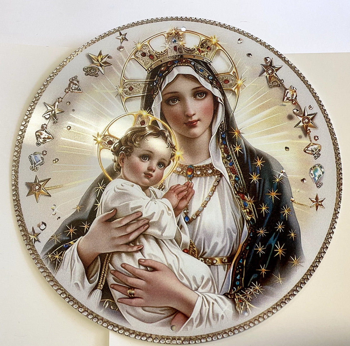 Aluminum 8-inch round image of Mother Mary with Child, religious Christian artwork by Bob and Penny Lord Journeys of Faith.