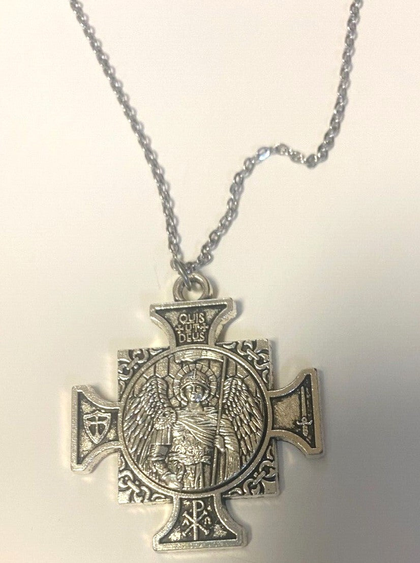 Saint Michael the Archangel iron cross pendant in gold and silver tones, featuring detailed religious art by Bob and Penny Lord.