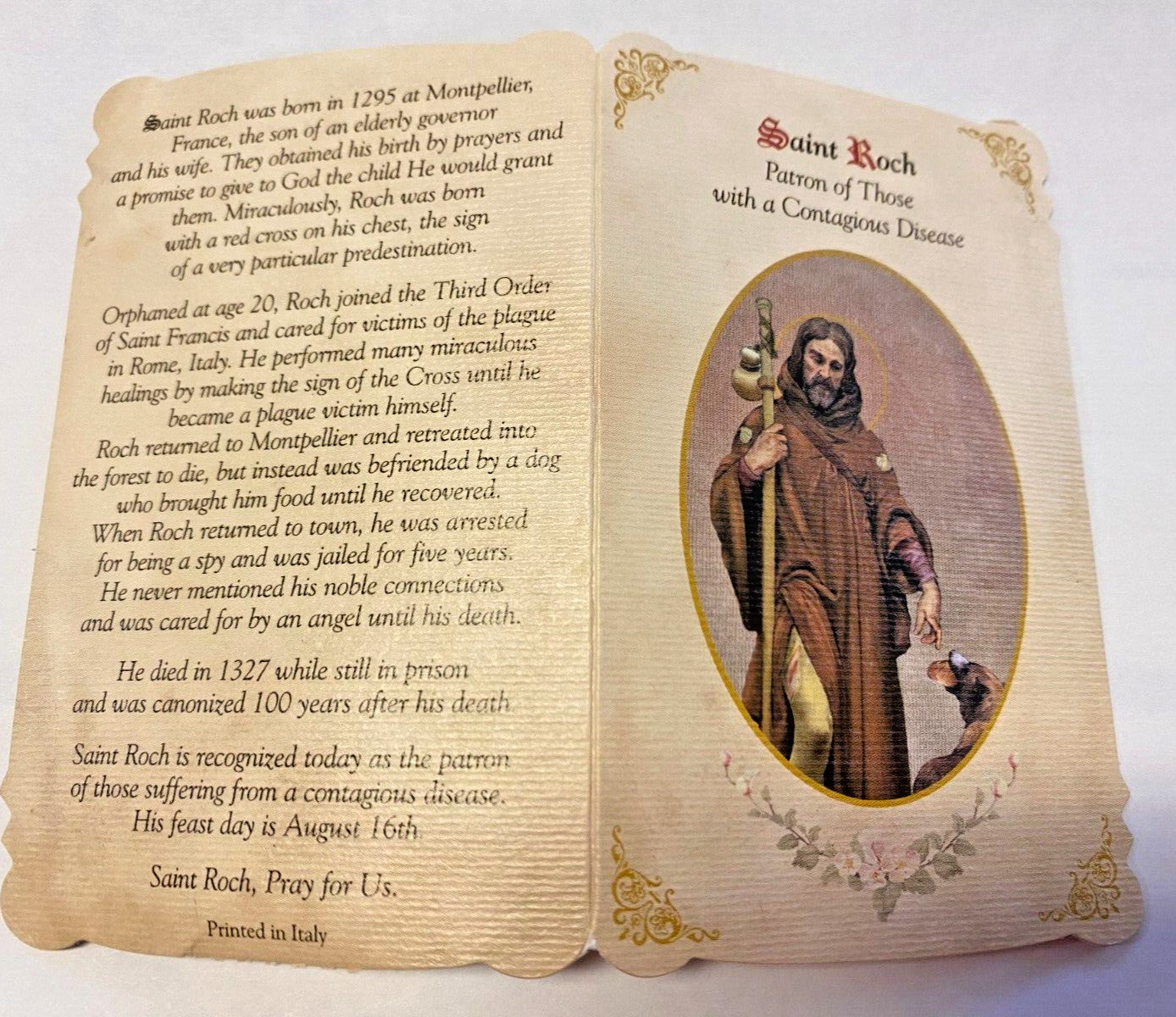 Saint Roch ( Patron of Plagues) Prayer Card + Medal, New #PCM-027