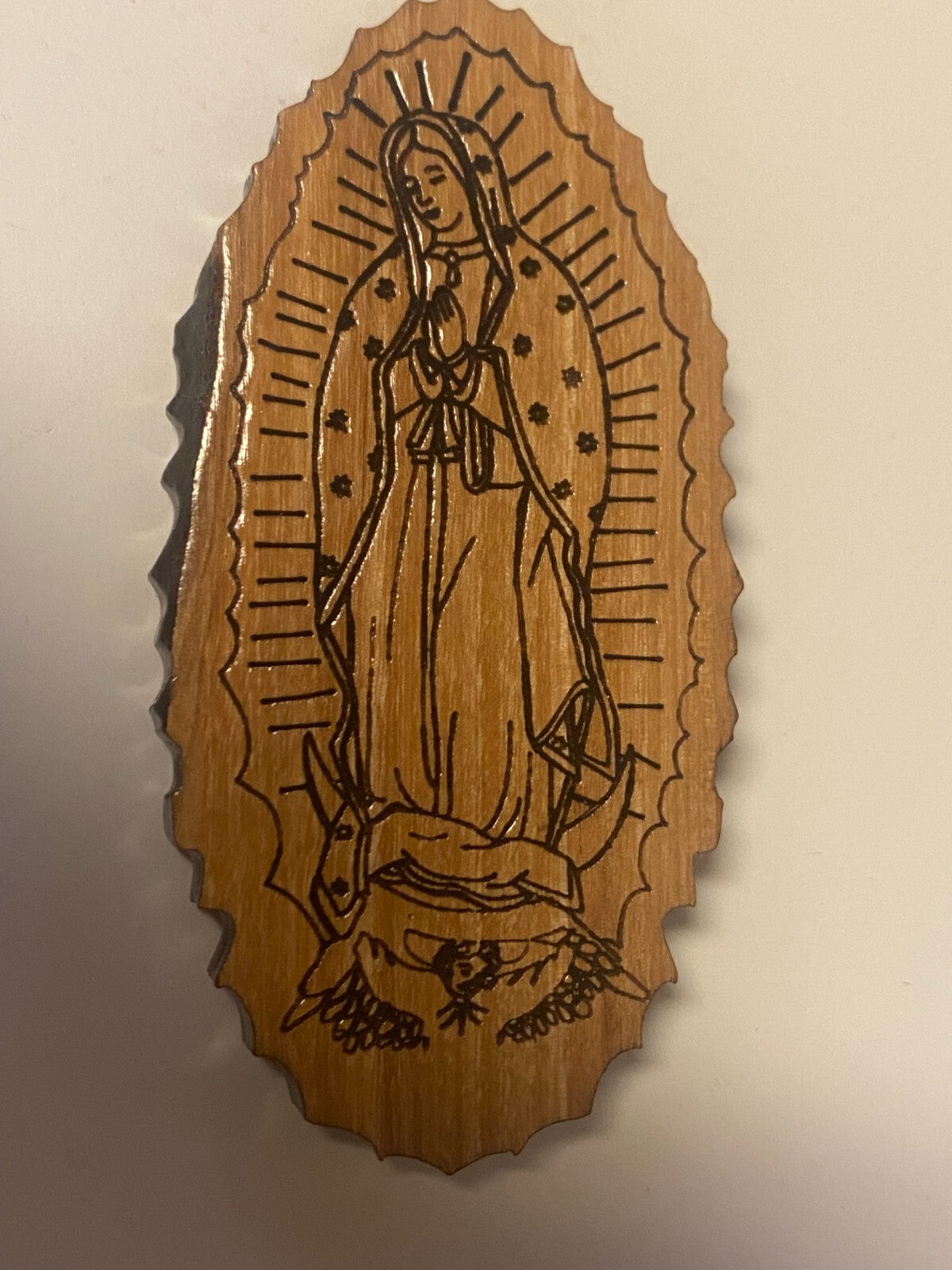 Olive wood Our Lady of Guadalupe magnet from Bethlehem, Christian religious collectible by Bob and Penny Lord, detailed spiritual display