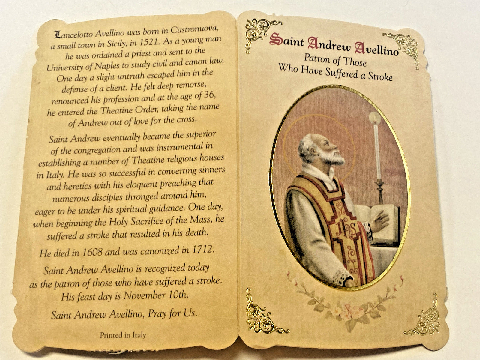 Saint Andrew Avellino(Patron Saint for Stroke Patient) Prayer Card  + Medal, New - Bob and Penny Lord