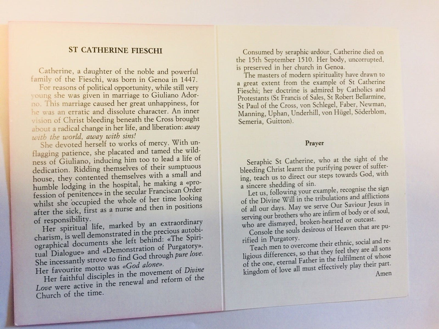 Saint Catherine of Genoa prayer with bio and teachings folder, religious Christian print from Italy, by Bob and Penny Lord.