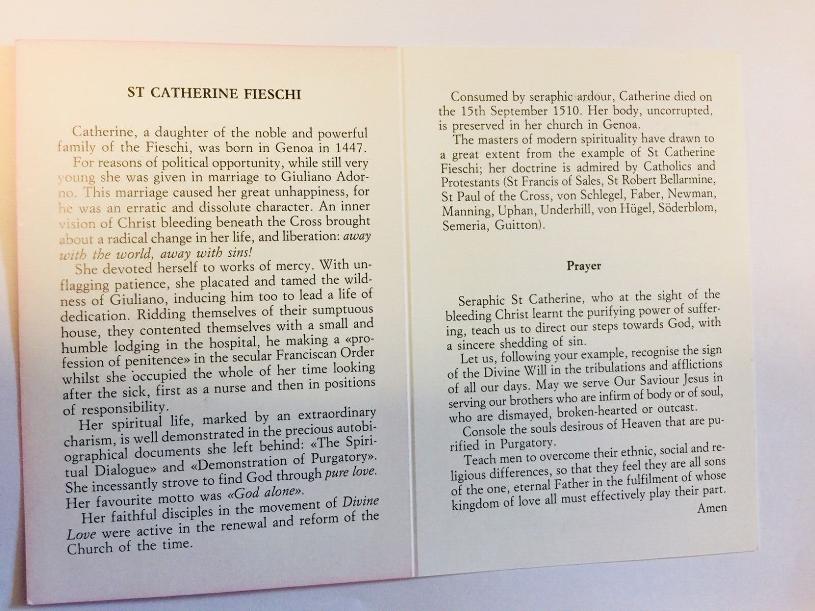 Saint Catherine of Genoa prayer with bio and teachings folder, religious Christian print from Italy, by Bob and Penny Lord.