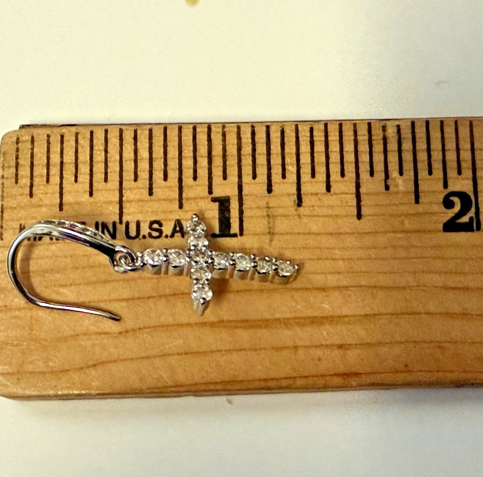 Cross Drop 1.29" Sterling Silver  Earrings with inlaid Zirconia. New #AB-383-R2