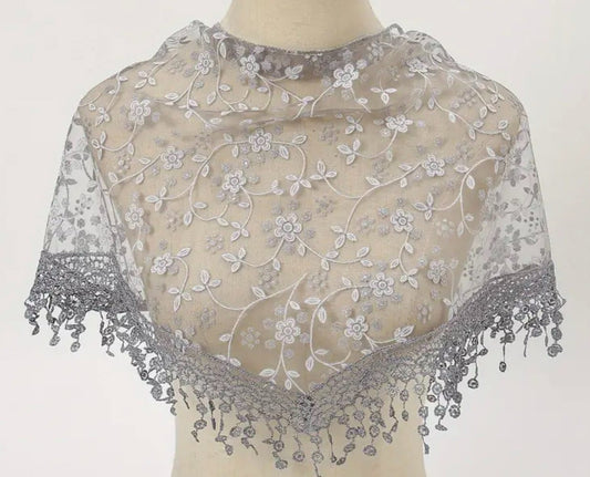 Dark gray lace women's church veil, 48 x 13 inches, made of polyester, styled as a delicate accessory for formal occasions.