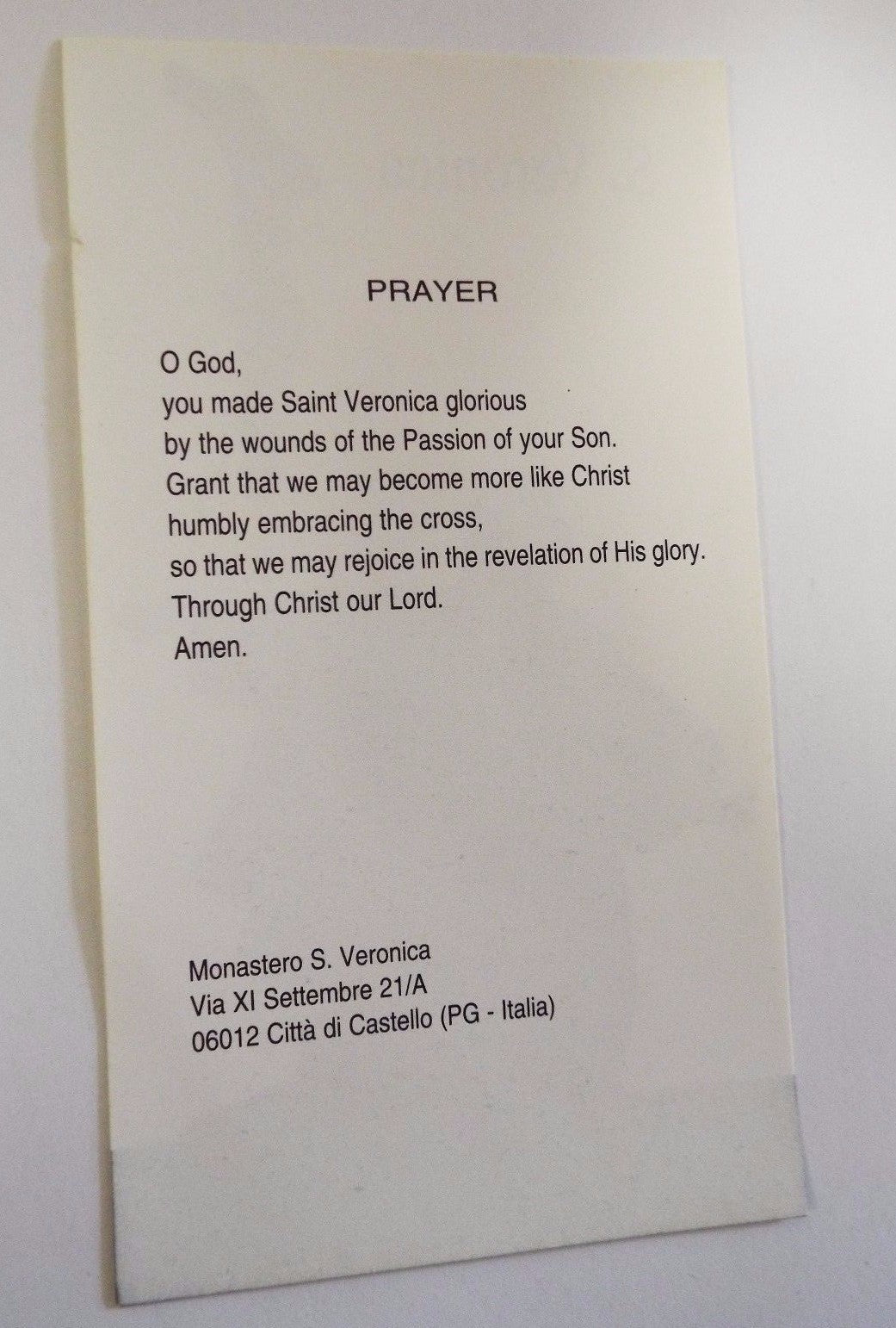 Saint Veronica Giuliani prayer holy card from Italy by Bob and Penny Lord, featuring religious artwork and spiritual imagery.