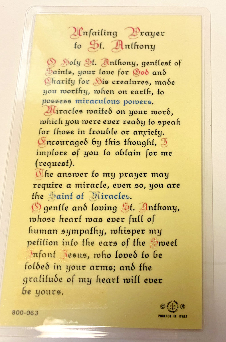 Saint Anthony "Unfailing Prayer" Laminated Prayer Card, New #PCL-45