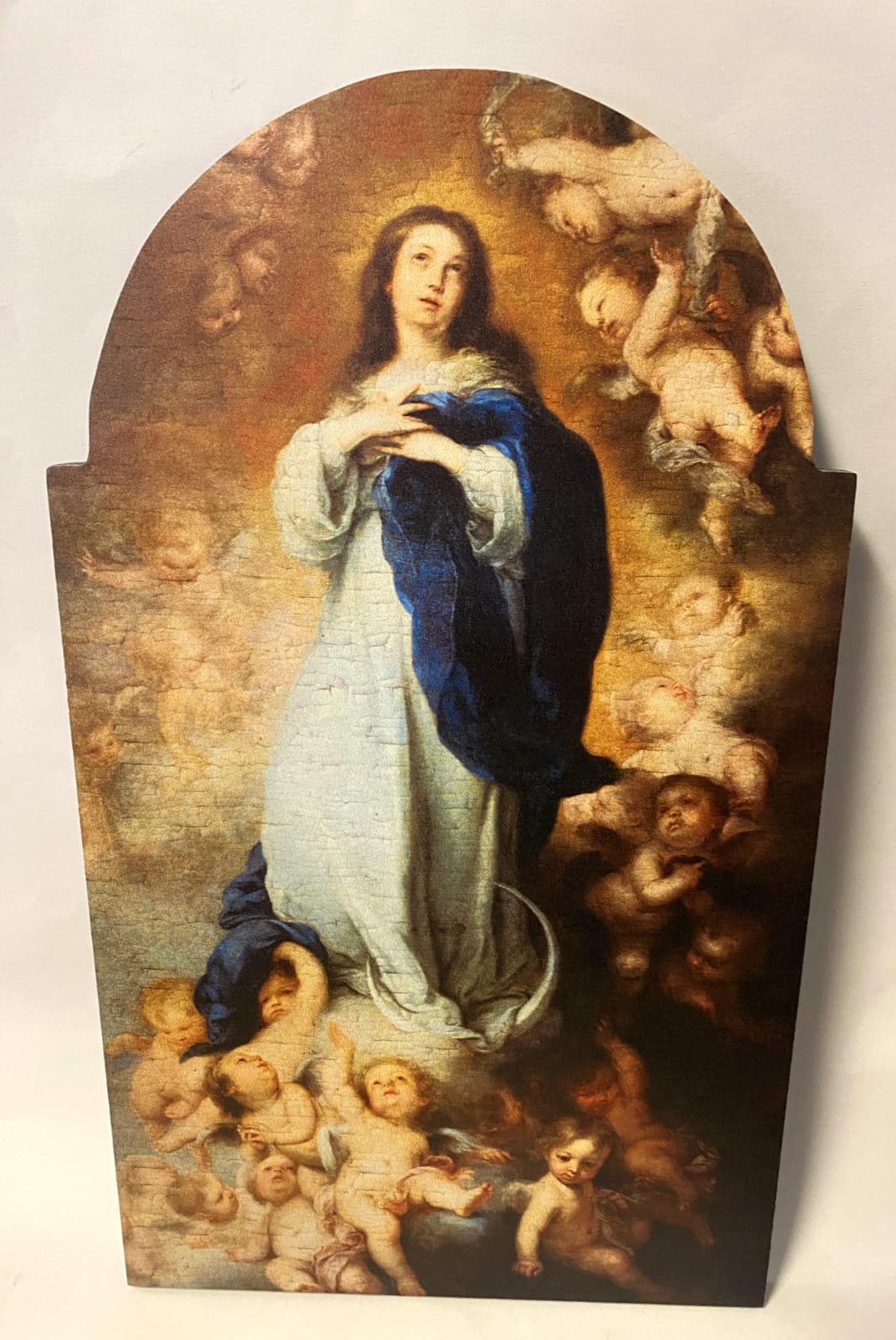 Immaculate Conception 12-inch arched wood plaque with religious Christian imagery, from Journeys of Faith collectibles.