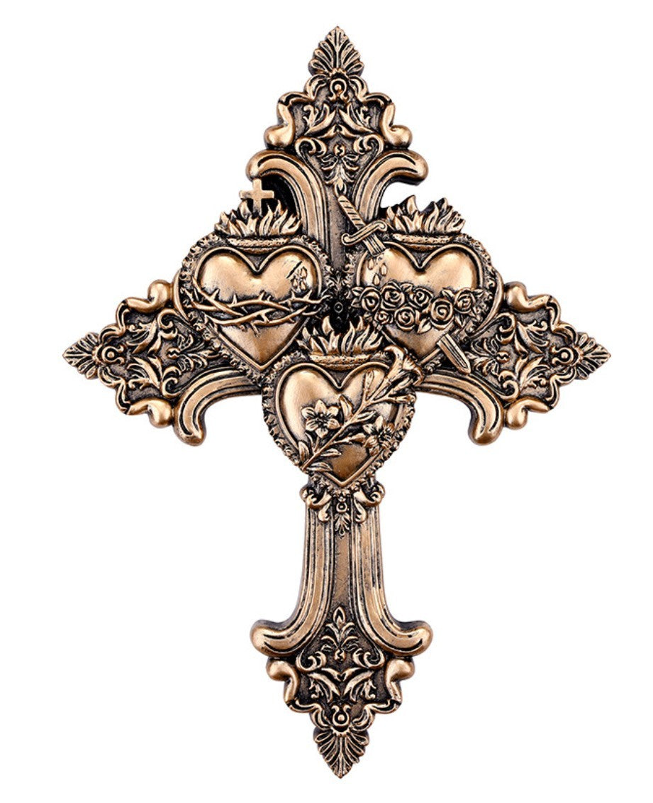 Sacred Hearts /Jesus, Mary, Joseph Bronze Finish 8.75" Cross, New #AB-101