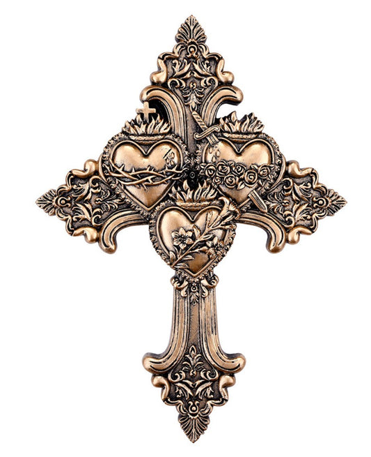 Sacred Hearts /Jesus, Mary, Joseph Bronze Finish 8.75" Cross, New #AB-101