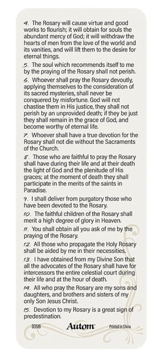 15 Promises of Mary, To Those Who Pray the Rosary  Large Bookmark, New #PC-20
