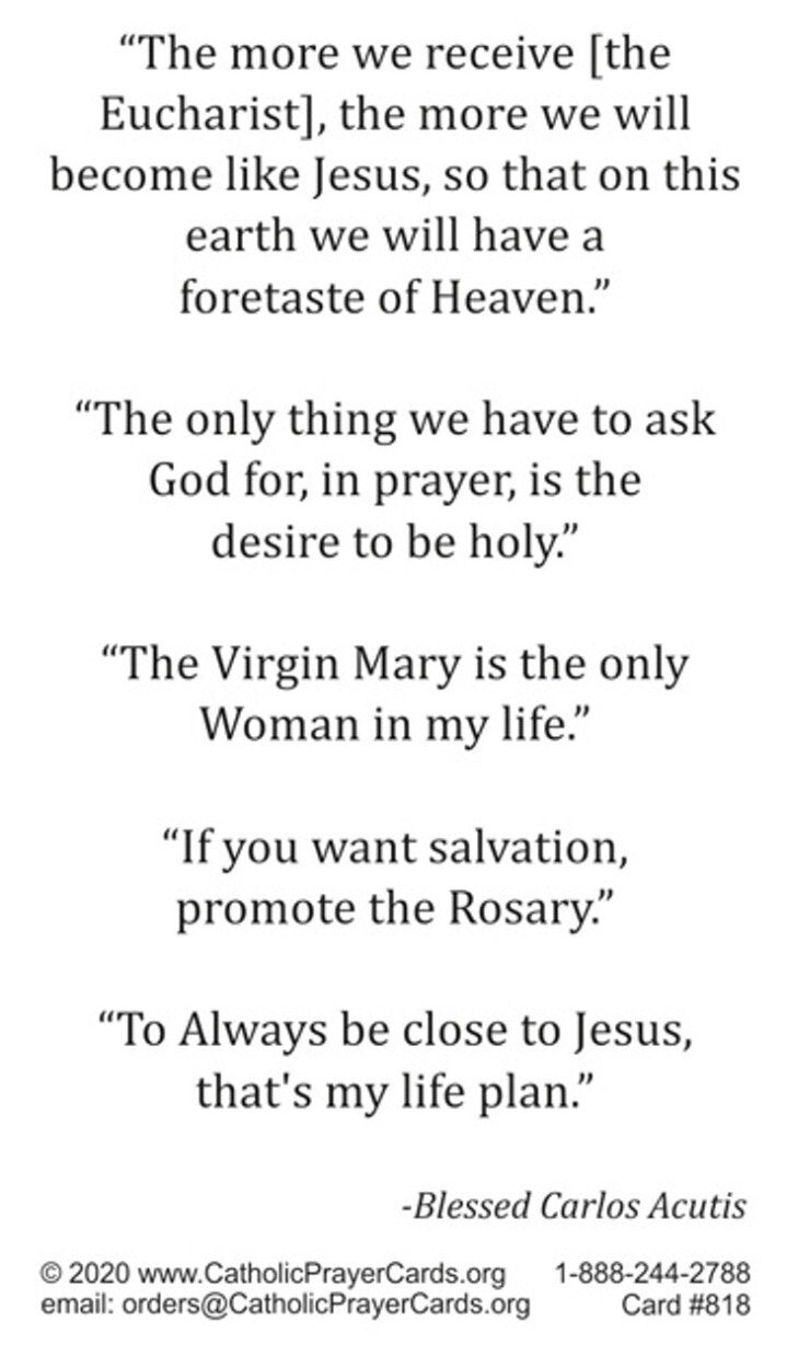 Blessed Carlo Acutis,Apostle of the Eucharist Quotes Card, New #PC-104
