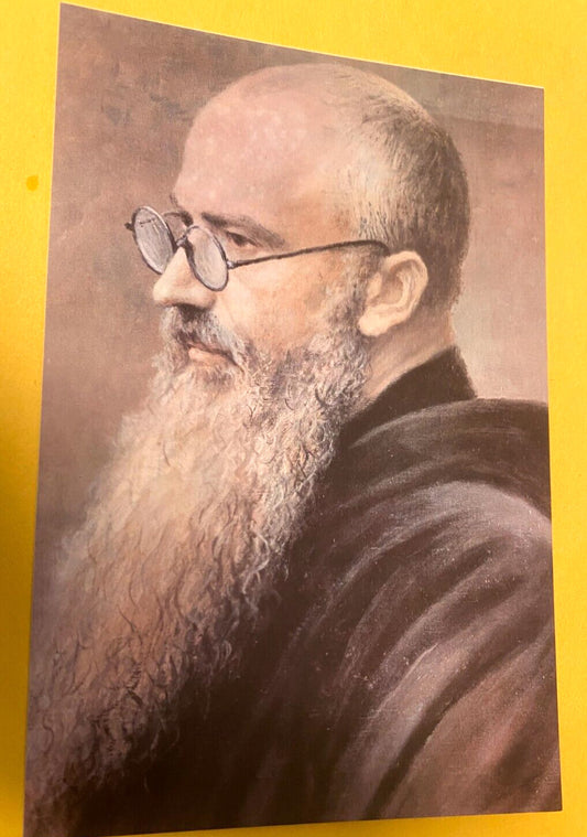 Saint Maximilian Kolbe postcard featuring religious artwork, from the Christianity Holy Cards collection by Bob and Penny Lord.
