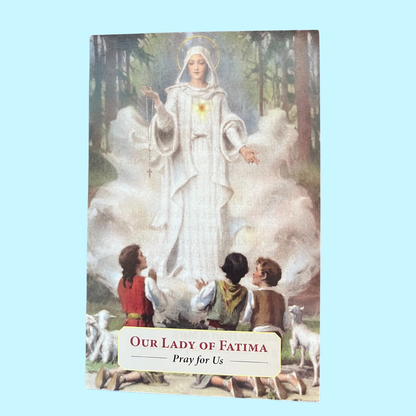 Holy card featuring Our Lady of Fatima with prayer text, part of Christian religious collectibles by Bob and Penny Lord Journeys of Faith.