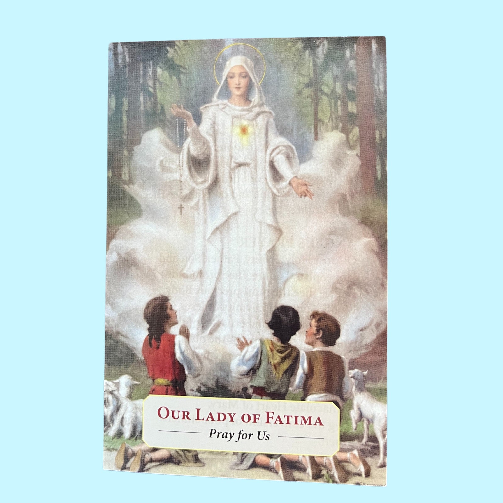Holy card featuring Our Lady of Fatima with prayer text, part of Christian religious collectibles by Bob and Penny Lord Journeys of Faith.