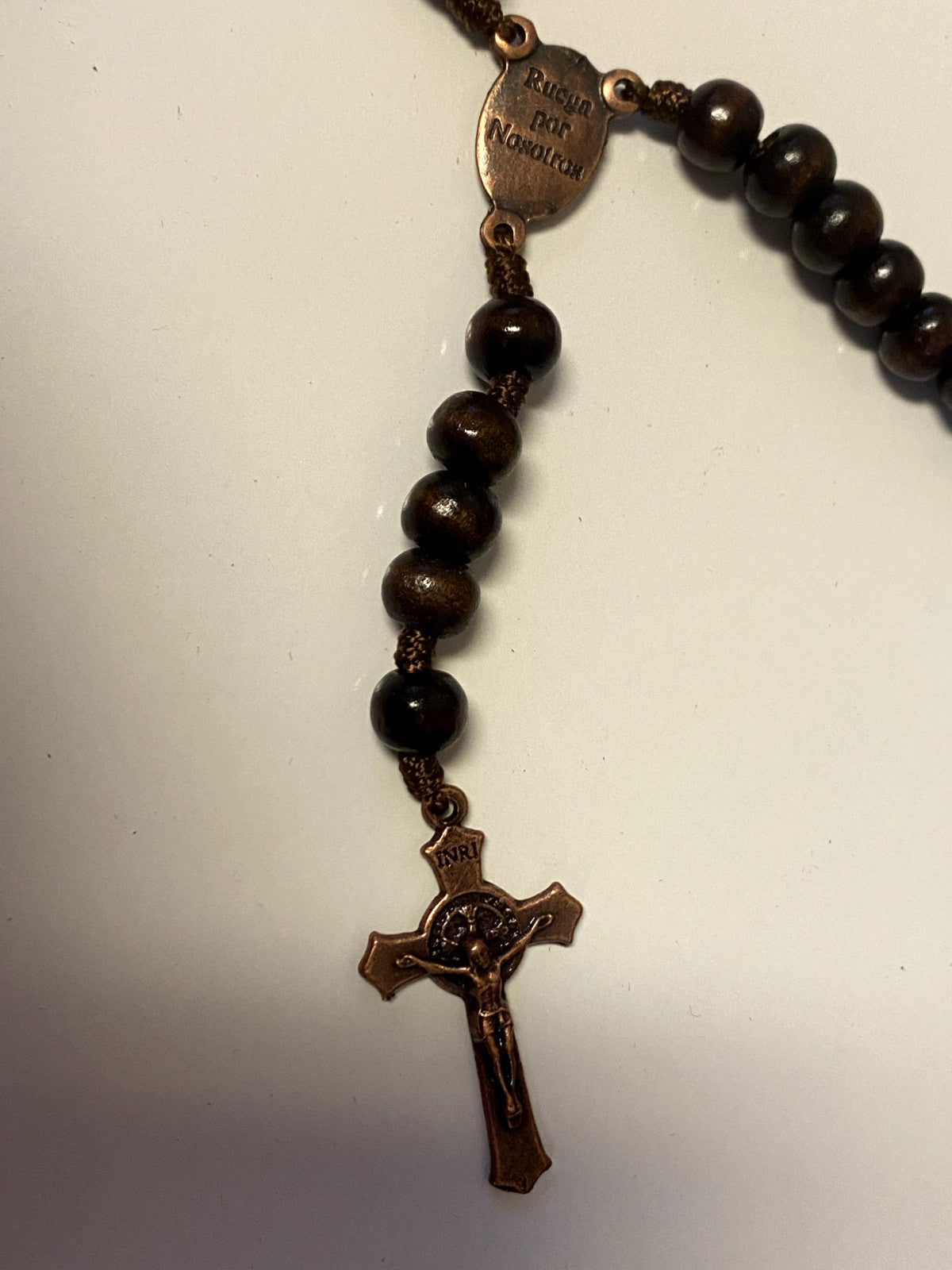Wood rosary box with St. Michael the Archangel design and included rosary, collectible religious Christian item from Colombia.