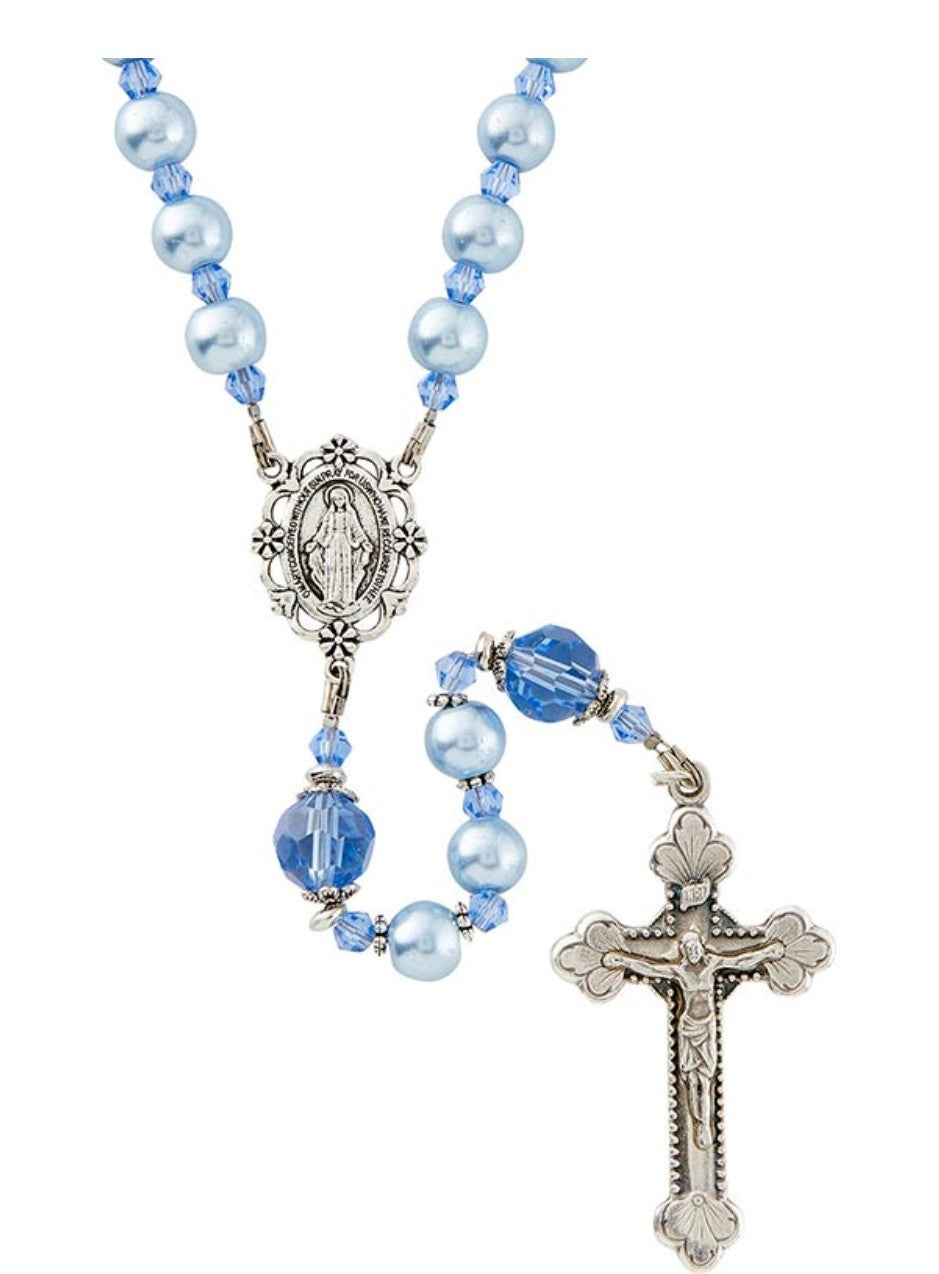 Blue Rosary with Faux  Glass Pearl and  Faceted Crystal Beads, New #Gftshp-53 - Journeys of Faith