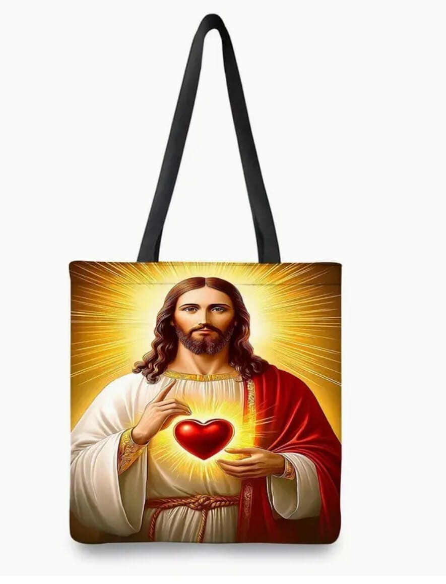 Sacted Heart of Jesus tote bag for men, unbranded, featuring religious artwork, durable fabric, and spacious design for accessories.