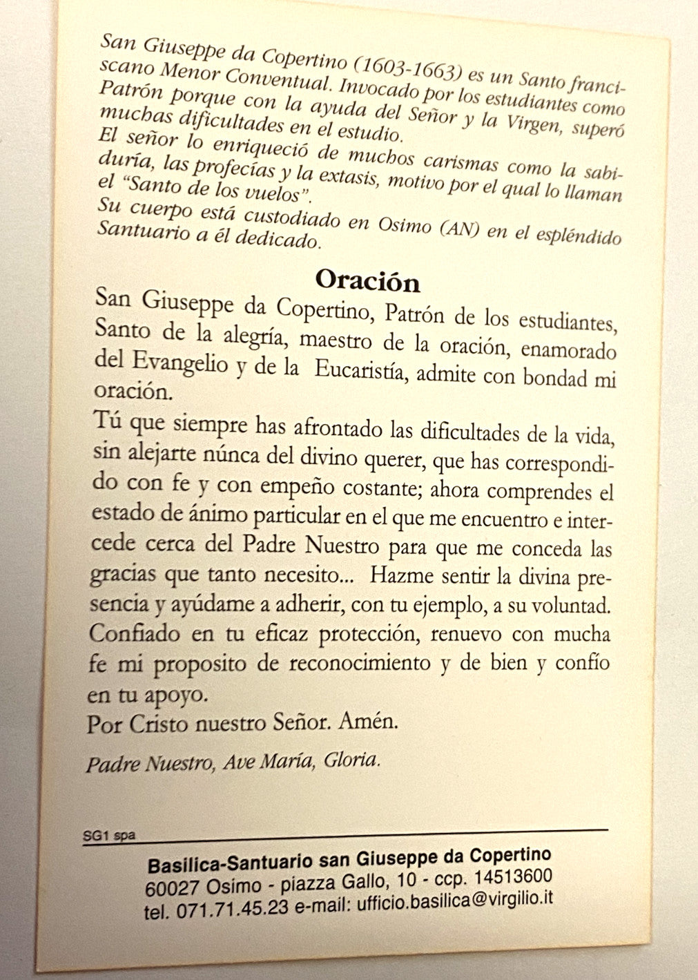 Oracion de San Jose de Cupertino, Nueva de Italia,  en Español - Journeys of Faith
