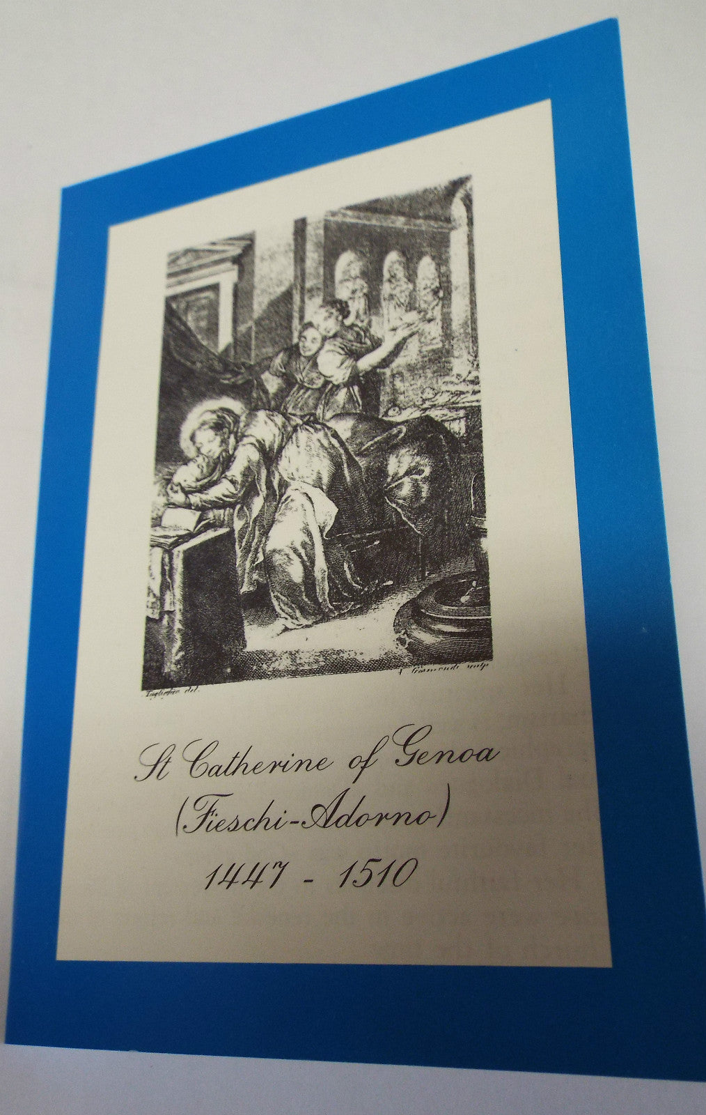 Saint Catherine of Genoa prayer print with bio and teachings folder, featuring religious artwork from Italy by Bob and Penny Lord.