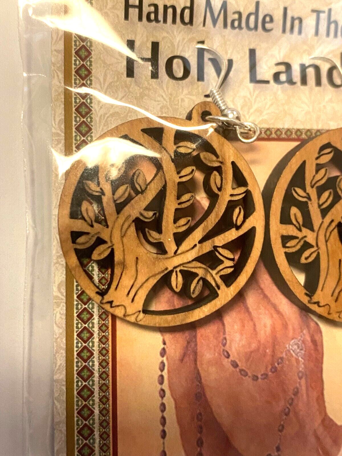 Olive wood tree-shaped hanging earrings, 2-inch fashion jewelry from the Holy Land, showcasing natural wood grain and detailed design.