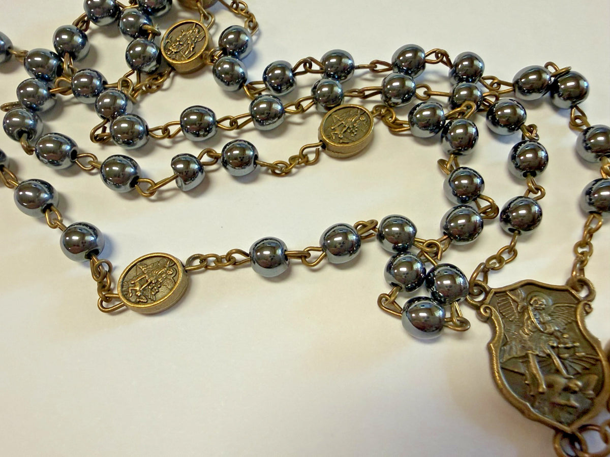 Saint Michael Natural Black Stone Rosary, New #Gftshp-238