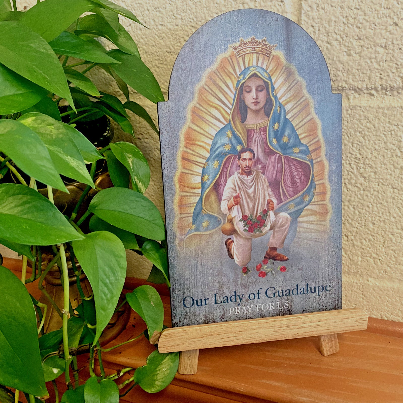 12-inch wooden plaque of Our Lady of Guadalupe with Juan Diego, religious Christian collectible by Bob and Penny Lord.