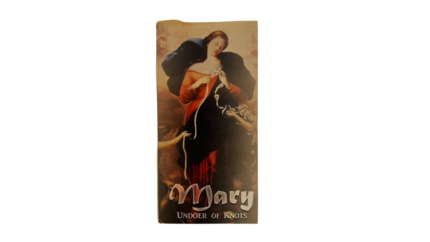 Folded prayer card featuring Our Lady Undoer of Knots, a Christian holy card from Journeys of Faith, with religious imagery and text.