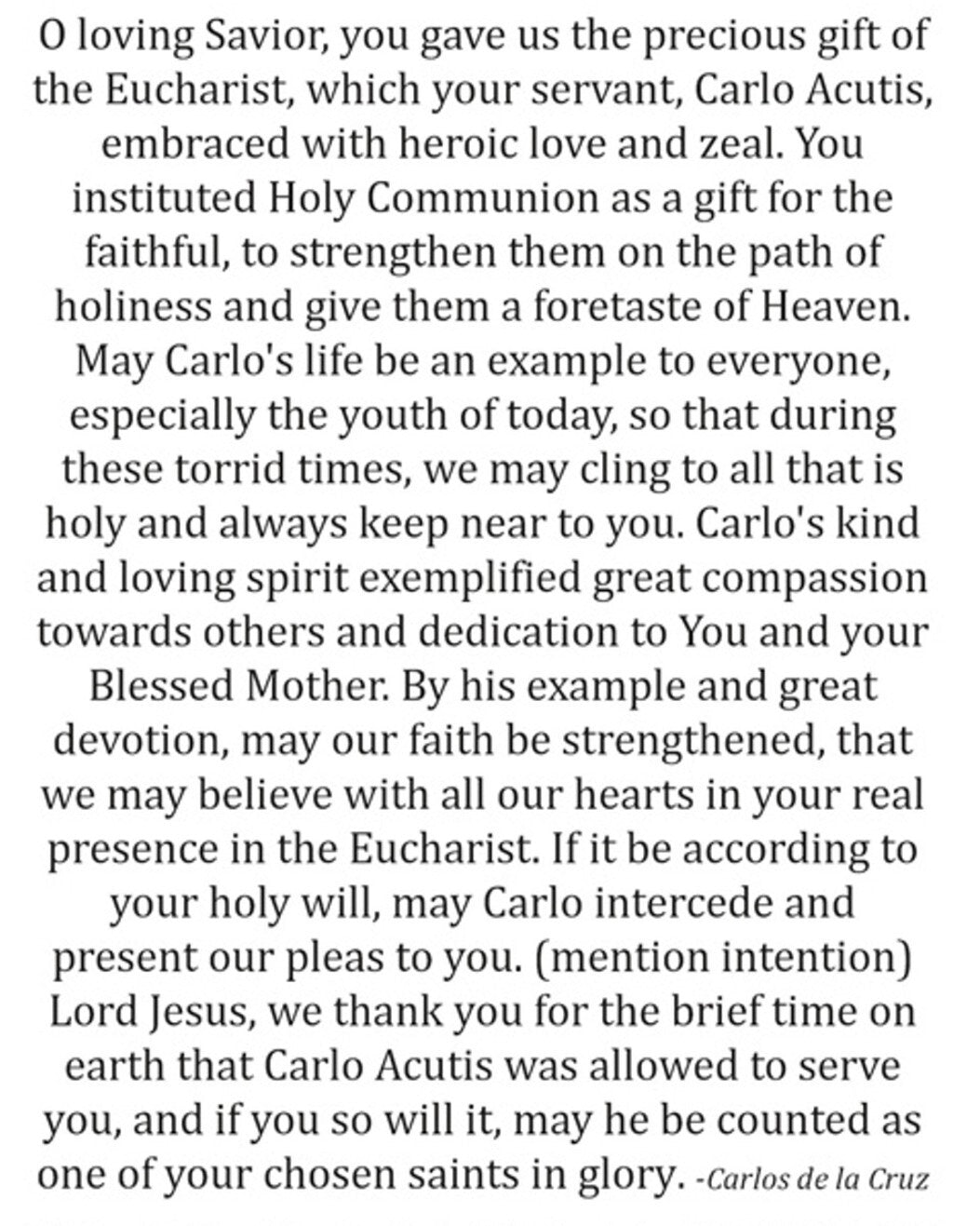 Blessed Carlo Acutis Eucharist Prayer Card, New #PC-109