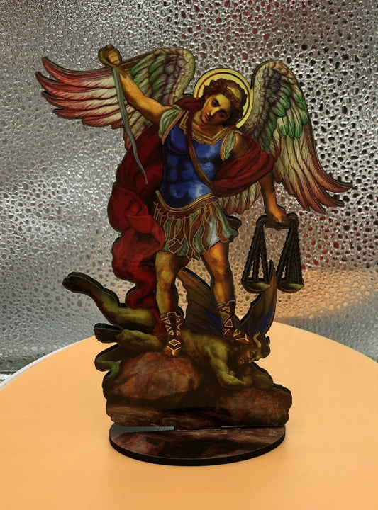 Saint Michael The Archangel 6" Laser Image on Thin Wood Statue, New AB-033 - Journeys of Faith