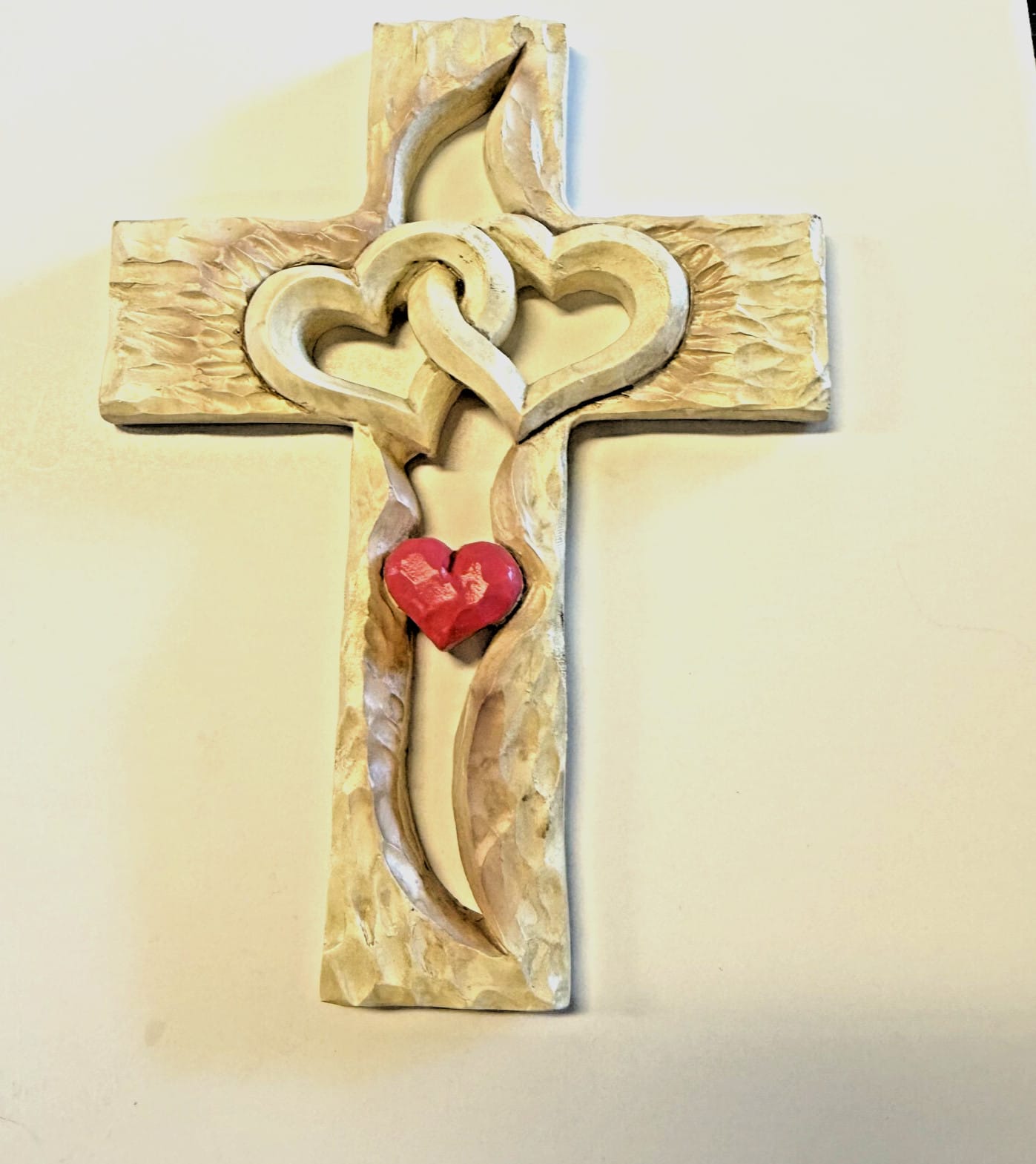 Interwoven Hearts and Red Heart Cross collectible, 6.69 inches, Christian religious ornament by Journeys of Faith.