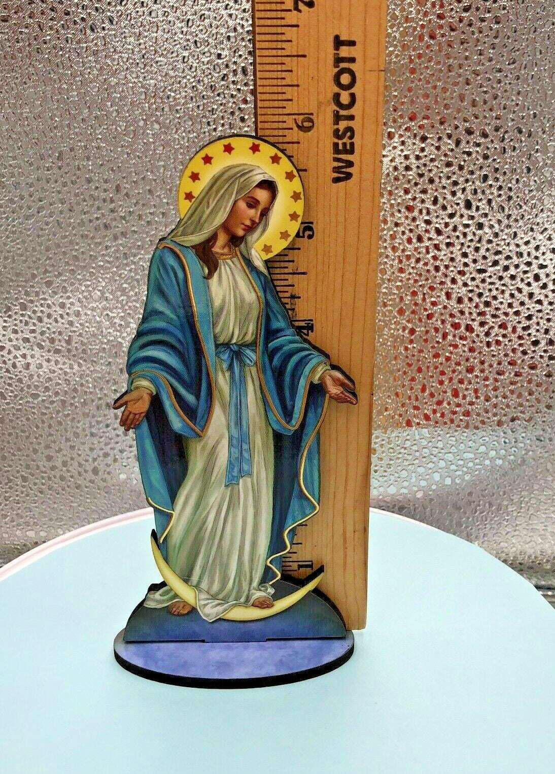 6-inch Our Lady of Grace laser-etched wood statue by Bob and Penny Lord, detailed Christian religious collectible figure.