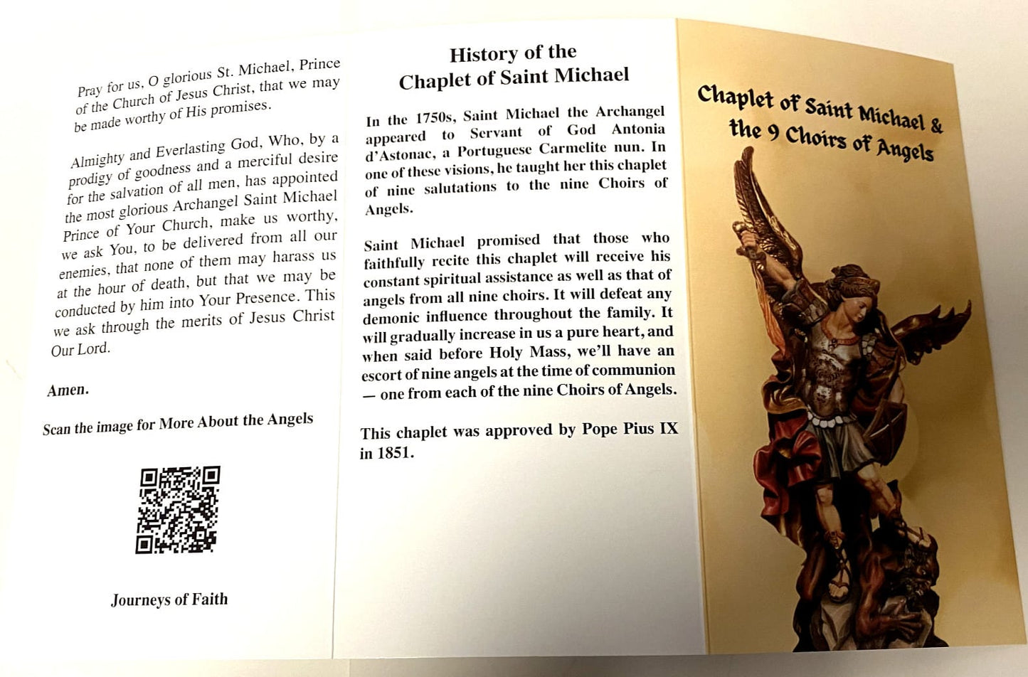 Chaplet of Saint Michael the Archangel and 9 Choirs of Angels Holy Card by Journeys of Faith, religious collectible featuring angel imagery.