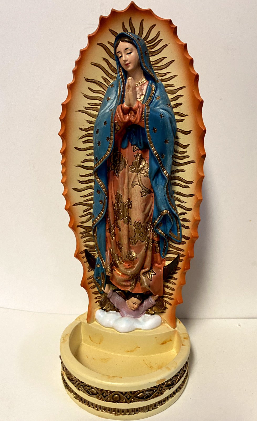 8-inch Our Lady of Guadalupe rosary holder statue by Bob and Penny Lord, depicting the religious figure with detailed craftsmanship.