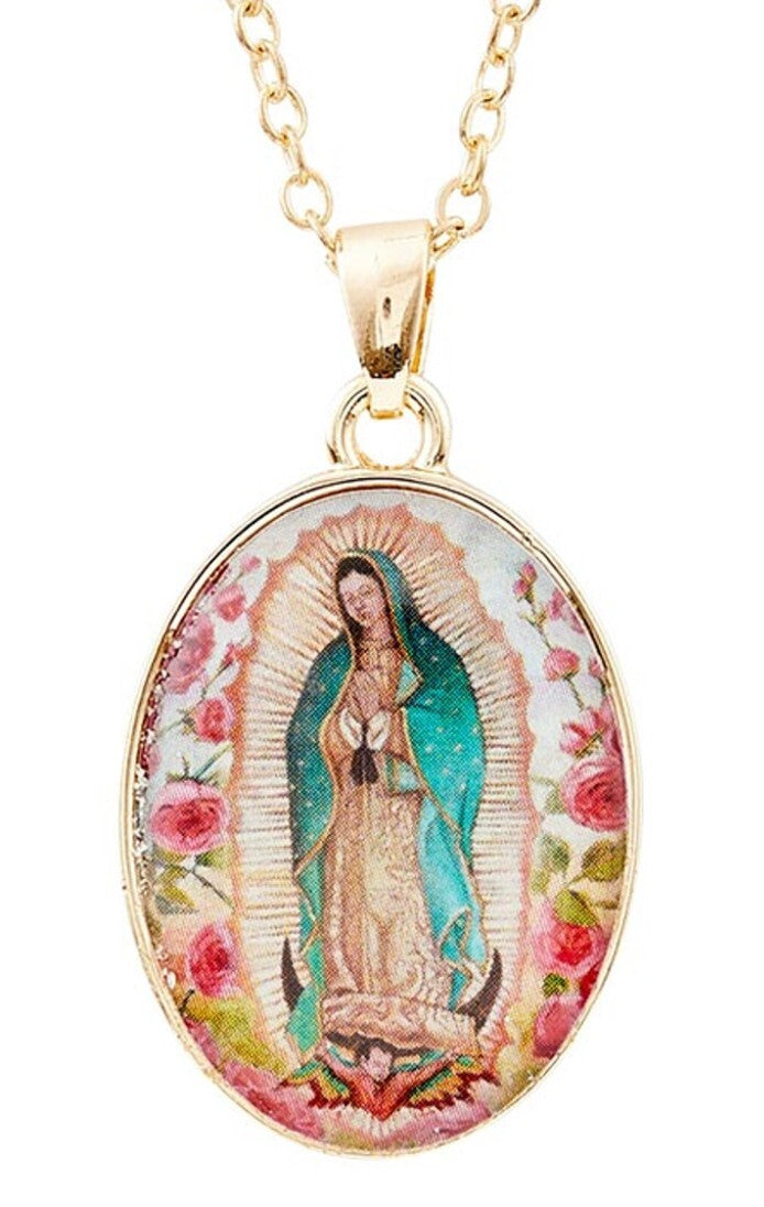 Gold-tone Our Lady of Guadalupe necklace by Berkander featuring a detailed religious pendant on a chain.