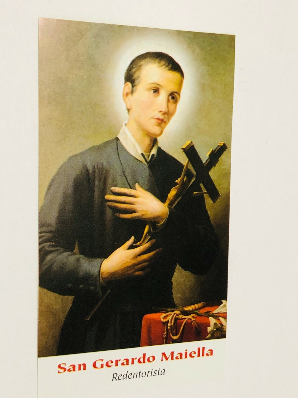Saint Gerard Majella prayer card by Bob and Penny Lord, featuring religious imagery and text on a Christian holy card from Italy.