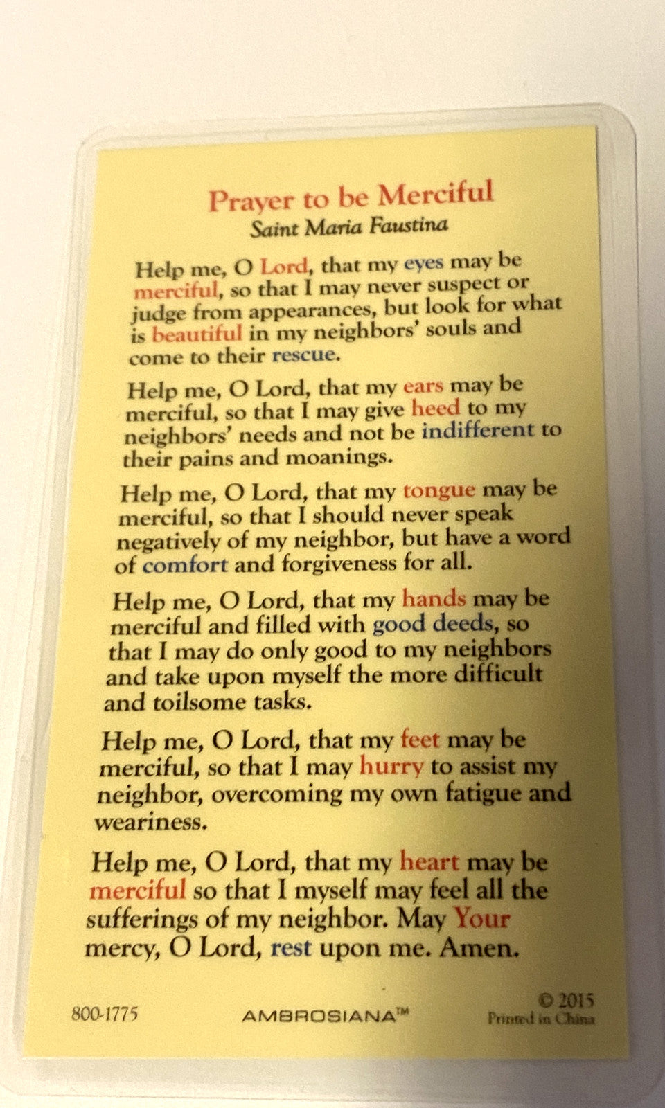 Saint Sister Faustina Laminated Prayer Card, New #PCL-05
