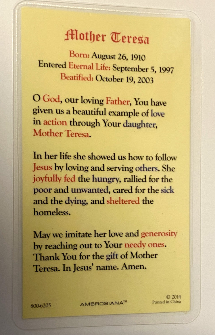 Saint Mother Teresa of Calcutta Laminated Prayer Card, New , #PCL-25