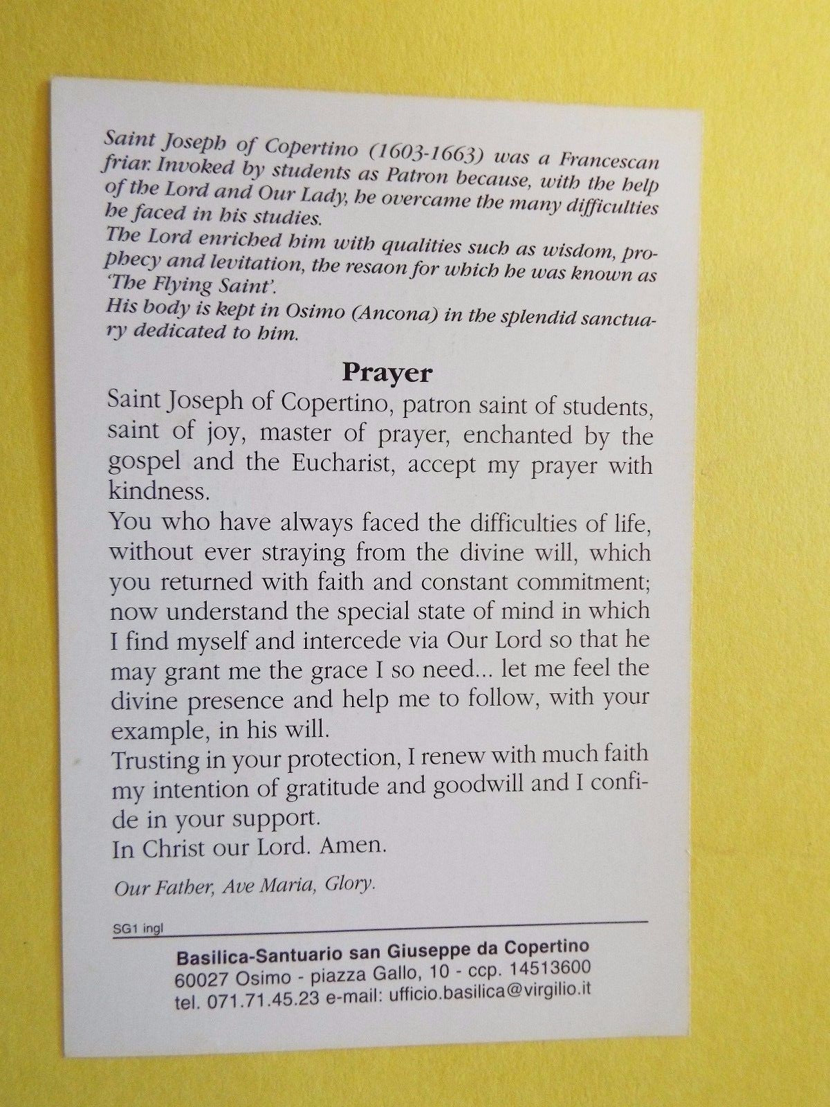 Saint Joseph of Cupertino (Patron of Students) Prayer Card, New from Italy