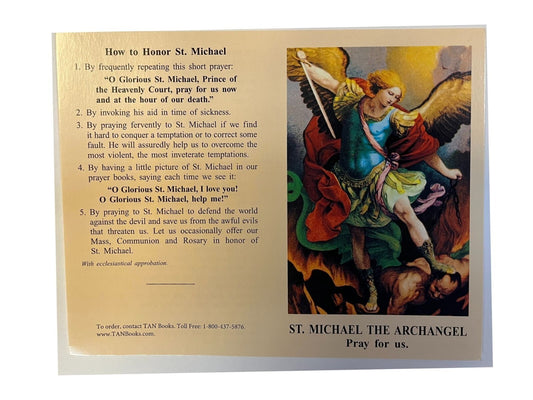Saint Michael prayer card by Bob and Penny Lord, Christian holy card featuring religious imagery and prayer text.