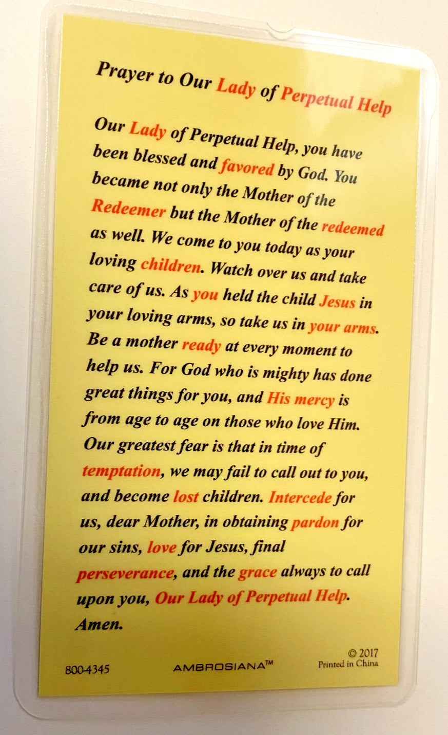 Our Lady of Perpetual Help, Laminated Prayer Card, New #PCL-020