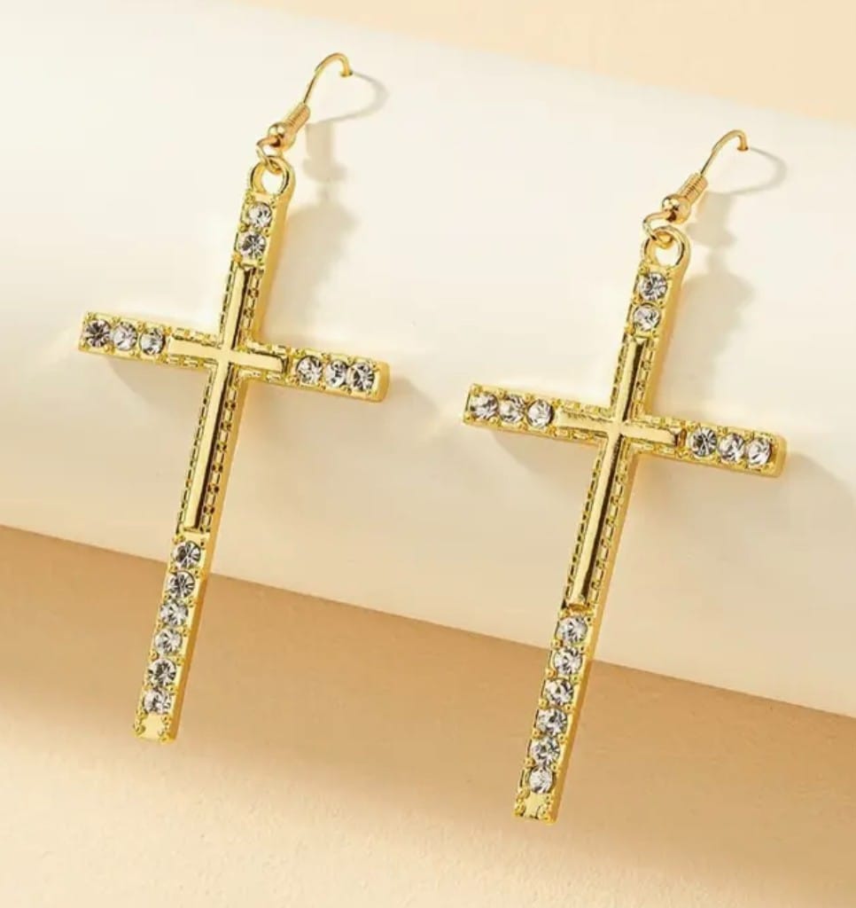 Gold 2.90-inch dangle cross earrings with zirconia stones, fashion jewelry featuring elegant cross design.