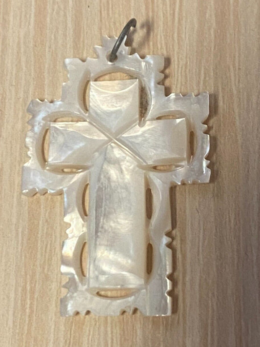 Mother of Pearl 1.75" Scalloped Cross Pendant, New Jerusalem #1 - Journeys of Faith