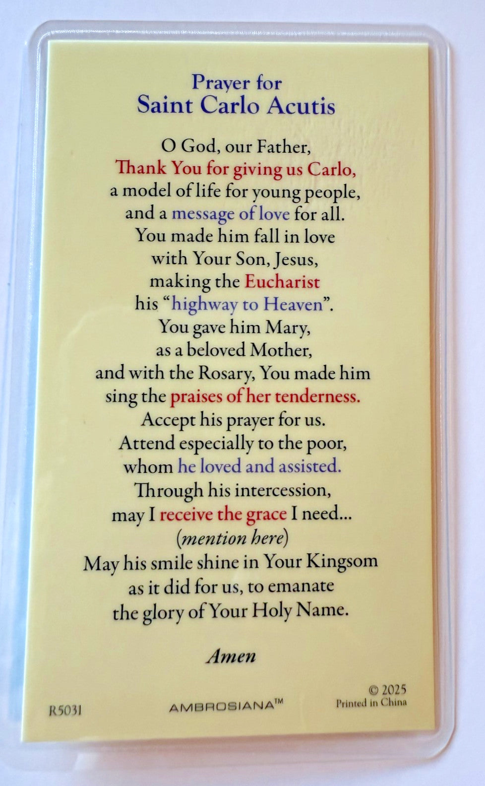 St Carlo Acutis Laminated Prayer Card, New #PC-120